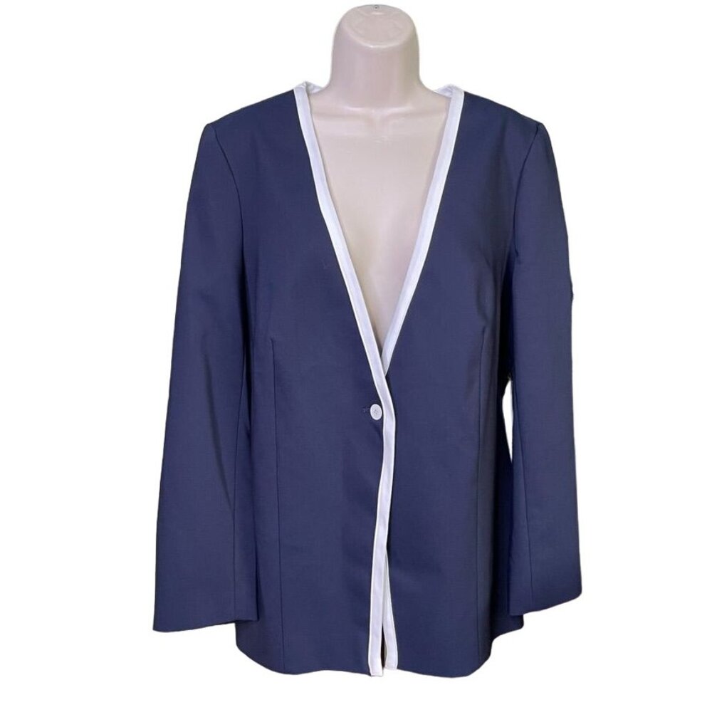 Chause Womens Classic Career Blazer  Blue White trim Tailored Jacket Size L New